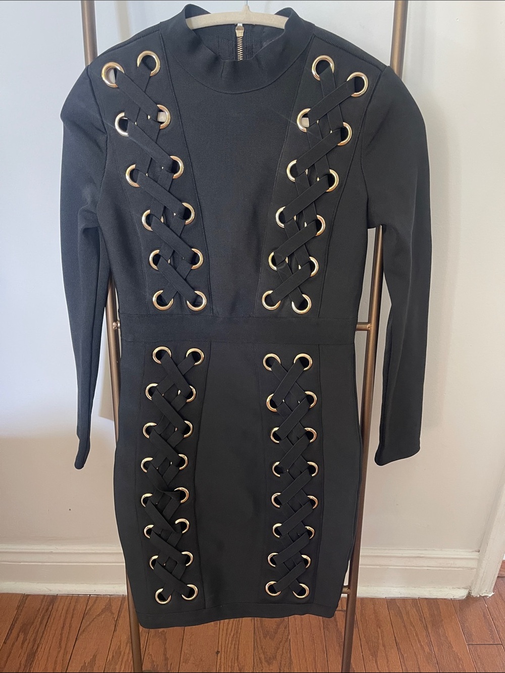 WOW couture Black Long-Sleeve Lace-Up Eyelet Bodycon Dress with Gold Hardware